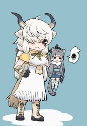 Rule 34 | :3, aged down, animal ears, animal print, belt, blue belt, blue sky, blunt bangs, boots, brown eyes, dress, frilled dress, frilled sleeves, frills, fur collar, gloves, gravi pig4891, grey hair, grey kimono, hair over one eye, height difference, highres, japanese clothes, kemono friends, kimono, leopard ears, leopard girl, leopard print, leopard tail, long hair, ox ears, ox girl, ox horns, ox tail, pleated skirt, print kimono, print skirt, print thighhighs, shirt, short kimono, short sleeves, sidelocks, skirt, sky, snow leopard (kemono friends), t-shirt, tail, thighhighs, twintails, white dress, white footwear, white fur, white gloves, white thighhighs, yak (kemono friends), yellow shirt, zettai ryouiki