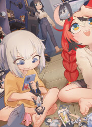 Rule 34 | 3girls, absurdres, animal ears, barefoot, black hair, blue eyes, blue pants, blush, braid, breasts, cellphone, character doll, closed mouth, commentary, english commentary, fins, fish tail, flat chest, french braid, gawr gura, hakos baelz, highres, holding, holding phone, hololive, hololive english, hololive idol uniform (bright), indian style, large breasts, long hair, long sleeves, mori calliope, mouse ears, mouse girl, multicolored hair, multiple girls, nanachides, nanashi mumei, nanashi mumei (1st costume), official alternate costume, ouro kronii, ouro kronii (1st costume), ouro kronii (casual), pants, phone, pomni (the amazing digital circus), red hair, shark girl, shark tail, sharp teeth, shirt, short hair, short sleeves, sitting, smartphone, smile, smol calli, soles, strawberry baelz, tail, taking picture, teeth, the amazing digital circus, toes, two side up, upper teeth only, virtual youtuber, white hair, white shirt, yukkronii (ouro kronii)