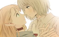 Rule 34 | 2girls, blonde hair, choker, dungeon meshi, eye contact, falin touden, frs2, green eyes, holding hands, interlocked fingers, looking at another, marcille donato, multiple girls, parted lips, pointy ears, simple background, upper body, white background, yellow eyes, yuri