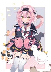 Rule 34 | 1girl, absurdres, animal ears, arknights, black bow, black bracelet, black cat, black collar, black hairband, black jacket, blue bow, blush, bow, braid, calico, cat, cat ears, cat girl, cat tail, clothes writing, collar, diamond-shaped pupils, diamond (shape), feet out of frame, goldenglow (arknights), hair between eyes, hair bow, hairband, highres, himey, id card, infection monitor (arknights), invisible chair, jacket, lanyard, lightning bolt print, long hair, long sleeves, looking at viewer, multicolored clothes, multicolored jacket, multiple cats, open clothes, open jacket, orange cat, pink hair, pink jacket, print bow, print hairband, sitting, solo, symbol-shaped pupils, tail, thighhighs, two-tone jacket, white cat, white thighhighs, yellow eyes