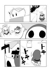 Rule 34 | 1girl, :d, bowser, bowsette, cloud, comic, commentary request, damii0807, greyscale, highres, horns, mario (series), monochrome, new super mario bros. u deluxe, nintendo, open mouth, shoes, shy guy, silent comic, smile, super crown, teeth, thick eyebrows, tree, walking