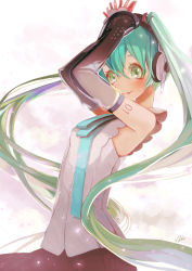 Rule 34 | 1girl, absurdres, aqua eyes, aqua hair, aqua nails, aqua ribbon, arms up, bad id, bad pixiv id, bare shoulders, black skirt, black sleeves, blouse, commentary, confetti, detached sleeves, from side, glowing, hair ornament, hatsune miku, hatsune miku (nt), headphones, highres, layered sleeves, lips, long hair, looking at viewer, nail polish, neck ribbon, own hands together, piapro, ribbon, see-through, see-through sleeves, shirt, shoulder tattoo, signature, skirt, sleeveless, sleeveless shirt, smile, solo, sotohane haruko, tattoo, twintails, upper body, very long hair, vocaloid, white shirt, white sleeves