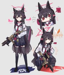 Rule 34 | 1girl, absurdres, animal ears, assault rifle, black footwear, black gloves, black sailor collar, black skirt, black thighhighs, blue archive, chibi, chibi inset, closed mouth, ear protection, fox ears, gloves, grey background, gun, hair between eyes, halo, highres, kneeling, long hair, looking at viewer, multiple views, neckerchief, odmised, red eyes, red gloves, red neckerchief, rifle, sailor collar, school uniform, serafuku, simple background, sketch, skirt, thighhighs, throat microphone, two-tone gloves, weapon, weapon case, white serafuku, yukino (blue archive)