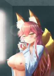 Rule 34 | 1girl, animal ear fluff, animal ears, artist request, blush, breasts, breasts out, coffee, coffee mug, collarbone, commentary, commentary request, cup, fate/extella, fate/extra, fate/grand order, fate (series), fox ears, fox girl, fox tail, heart, highres, large breasts, light smile, looking at viewer, mug, nipples, open clothes, open shirt, pink hair, solo, tail, tamamo (fate), tamamo no mae (fate/extra), yellow eyes