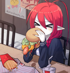 Rule 34 | &gt; &lt;, 1girl, antenna hair, black sailor collar, black serafuku, blush, braid, brand name imitation, burger, burger malfunction, chair, cheese, closed mouth, colored skin, commentary, cup, disposable cup, drinking straw, eating, english commentary, fast food, food, french fries, funamusea, hair between eyes, highres, holding, holding burger, holding food, ketchup, lettuce, lobco (funamusea), mcdonald&#039;s, neckerchief, onion, oounabara to wadanohara, pickle, pink nails, pointy ears, poster (object), red hair, redscarfy, sailor collar, school uniform, serafuku, single braid, solo, table, tile floor, tiles, tomato, tomato slice, twitter username, white neckerchief, white skin
