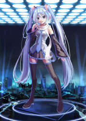 Rule 34 | 1girl, beek, blue eyes, blue hair, boots, cityscape, detached sleeves, hatsune miku, headphones, headset, highres, long hair, matching hair/eyes, necktie, scarf, skirt, solo, spotlight, thigh boots, thighhighs, twintails, very long hair, vocaloid, white scarf, zettai ryouiki