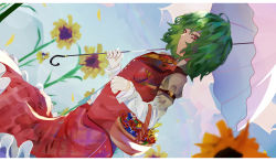 Rule 34 | 1girl, arm belt, ascot, basket, blurry, border, cloud, cloudy sky, collared shirt, colored eyelashes, day, depth of field, dutch angle, flower, flower basket, flower ornament, frilled skirt, frills, from side, gradient sky, green hair, grey sky, hair between eyes, highres, kazami yuuka, lavender sky, letterboxed, long sleeves, looking past viewer, naufaldreamer, parasol, petals, pink sky, plaid, plaid skirt, red eyes, red skirt, red vest, shirt, short hair, sidelighting, skirt, sky, smile, solo, sunflower, touhou, umbrella, vest, white border, white shirt, wind, yellow ascot