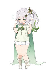 Rule 34 | 1girl, absurdres, alternate costume, blanket, bracelet, casual, commentary request, contemporary, full body, genshin impact, gradient hair, green eyes, grey hair, hair between eyes, hair ornament, hairclip, highres, holding, holding blanket, jewelry, long hair, multicolored hair, nahida (genshin impact), pleated skirt, pointy ears, shao (shaorouhong), short sleeves, side ponytail, sidelocks, simple background, skirt, sleepy, solo, standing, symbol-shaped pupils, white background, white hair