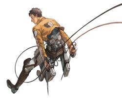 Rule 34 | 1boy, bertolt hoover, blush, boots, from above, knee boots, looking to the side, male focus, midair, official style, paradis military uniform, prema-ja, shingeki no kyojin, short hair, solo, three-dimensional maneuver gear, white background
