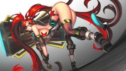 Rule 34 | 1girl, ass, bent over, blue eyes, boots, breasts, elbow sleeve, fingerless gloves, glasses, gloves, hammer, highres, huge weapon, large breasts, long hair, looking at viewer, mary lucy, red hair, sideboob, smashing the battle, solo, star (symbol), tail, thighhighs, twintails, very long hair, weapon