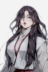 Rule 34 | 1girl, black hair, breasts, dress, ears visible through hair, expressionless, large breasts, long hair, looking at viewer, mature female, return of the mount hua sect, s walpae, solo, turtleneck, twitter username, white background, white dress, yu iseol (return of the mount hua sect)