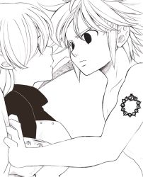 Rule 34 | 10s, 1boy, 1girl, armor, bad id, bad pixiv id, breastplate, breasts, closed mouth, demon, dragon tattoo, elizabeth liones, gauntlets, greyscale, harumiya, holding, holding sword, holding weapon, large breasts, long hair, looking at another, meliodas, monochrome, nanatsu no taizai, parted lips, shoulder tattoo, sword, tattoo, weapon
