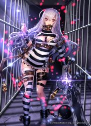 Rule 34 | 1girl, ball and chain restraint, bandages, belt, blush, breasts, chain, cleavage, company name, cuffs, gyakushuu no fantasica, katagiri hachigou, long hair, official art, open mouth, prison, prison clothes, purple eyes, purple hair, shackles, solo, sparkle, sword, teeth, weapon