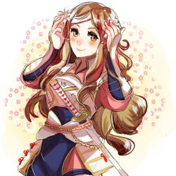 1girl armor brown_eyes brown_hair fire_emblem fire_emblem_fates hana_(fire_emblem) headband japanese_armor japanese_clothes katana long_hair looking_at_viewer miuna31 nintendo samurai solo sword weapon