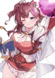 Rule 34 | 1girl, :3, absurdres, arm up, blue eyes, blush, book, bow, breasts, brown hair, cape, cleavage, closed mouth, commission, corset, cowboy shot, flask, glint, gloves, hair bow, hair intakes, highres, holding, holding book, holding flask, ichinose shiki, idolmaster, idolmaster cinderella girls, idolmaster cinderella girls starlight stage, large breasts, long hair, long sleeves, looking at viewer, miniskirt, misoni (mi so ni t), one eye closed, open book, red shirt, shirt, skeb commission, skirt, solo, two side up, white background, white cape, white gloves, white skirt