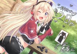 Rule 34 | 1girl, ;d, ahoge, ass, black theme, blonde hair, blue eyes, cartridge, commentary, formation girls, grass, gun, holding, holding gun, holding weapon, long hair, looking at viewer, looking back, magazine (weapon), midriff, olga hodrewa, one eye closed, open mouth, signature, smile, solo, target practice, tenkuu nozora, translated, very long hair, weapon