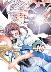 Rule 34 | 2girls, blue eyes, brown hair, facial mark, feathers, fingerless gloves, gloves, hair ribbon, lightning, long hair, long sleeves, lyrical nanoha, magical girl, mahou shoujo lyrical nanoha, mahou shoujo lyrical nanoha a&#039;s, mahou shoujo lyrical nanoha the movie 2nd a&#039;s, multiple girls, open mouth, puffy sleeves, raid slash, raising heart, red eyes, reinforce, ribbon, short twintails, silver hair, takamachi nanoha, takamachi nanoha (exelion mode), teeth, twintails, white background, wings