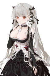 Rule 34 | 1girl, azur lane, bare shoulders, between breasts, black dress, black nails, breasts, cleavage, clothing cutout, dress, feather dress, formidable (azur lane), formidable (the lady of the beach) (azur lane), frilled dress, frills, grey hair, hair ribbon, hand on own chest, highres, large breasts, long hair, looking at viewer, nail polish, red eyes, reddizen, ribbon, shoulder cutout, simple background, solo, twintails, two-tone dress, two-tone ribbon, very long hair, white background