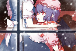 Rule 34 | 2girls, aloin.g, apron, bad id, bad pixiv id, bat wings, fangs, head out of frame, highres, izayoi sakuya, light purple hair, maid apron, multiple girls, red eyes, remilia scarlet, scarf, scarf tying, short hair, snow, snowing, touhou, window, wings