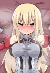 Rule 34 | 1girl, absurdres, anchor, bed, bismarck (kancolle), blonde hair, blue eyes, breasts, brown gloves, commentary request, detached sleeves, gloves, highres, kantai collection, large breasts, long hair, looking at viewer, lying, solo, upper body, yuuki shishin