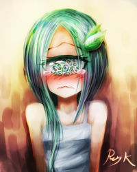 Rule 34 | 1girl, artist name, asymmetrical hair, blush, crying, crying with eyes open, cyclops, dress, extra pupils, green eyes, green hair, hair ornament, leaf, leaf hair ornament, lotus (ray-k), matching hair/eyes, monster girl, one-eyed, original, parted bangs, ray-k, signature, solo, tears, wavy mouth, white dress