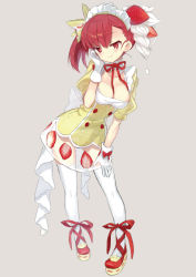 Rule 34 | 1girl, bow, breasts, cleavage, food, food-themed clothes, food-themed hair ornament, food print, fruit, full body, gloves, grey background, hair ornament, hairband, looking at viewer, medium breasts, miyoshino, original, red bow, red eyes, red footwear, red hair, see-through, shirt, shoes, short hair, side ponytail, skirt, smile, solo, standing, strawberry, strawberry hair ornament, strawberry print, thighhighs, whipped cream, white bow, white gloves, white thighhighs, yellow shirt