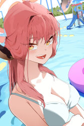Rule 34 | 1girl, absurdres, aru (blue archive), bikini, blue archive, breasts, demon horns, halo, highres, horns, large breasts, long hair, looking at viewer, mole, mole on breast, open mouth, pink hair, ryeon (bluetom1), smile, solo, swimsuit, upper body, water, waterpark, white bikini, yellow eyes