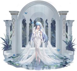 Rule 34 | 1girl, azur lane, barefoot, blue hair, blush, breasts, bridal gauntlets, bridal veil, bug, butterfly, closed eyes, dress, elbow gloves, full body, gloves, haori io, helena (azur lane), helena (miracle in white) (azur lane), highres, insect, long hair, looking at viewer, medium breasts, official alternate costume, official art, purple eyes, smile, solo, transparent background, veil, wedding dress, white dress, white gloves