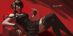 1girl bare_shoulders black_dress black_hair black_thighhighs blood blood_on_clothes bloody_weapon blush breasts chair cleavage copyright_name crossed_legs dagger dress earrings gloves gold_earrings gold_hairband hair_ornament hairband highres holding holding_dagger holding_knife holding_weapon jewelry knife large_breasts long_hair looking_at_viewer parted_lips red_background red_eyes ruan_zoe sidelocks sitting smile solo spy_x_family stiletto_(weapon) thighhighs two-sided_dress two-sided_fabric weapon yor_briar