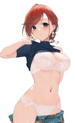 Rule 34 | 1girl, arisugawa natsuha, blue shirt, blush, bra, breasts, brown eyes, brown hair, clothes lift, earrings, gin00, hand on own chest, highres, idolmaster, idolmaster shiny colors, jewelry, large breasts, looking at viewer, medium hair, navel, panties, parted lips, shirt, shirt lift, short sleeves, simple background, solo, turtleneck, underwear, white background, white bra, white panties