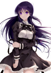 Rule 34 | 1girl, absurdres, assault lily, bad id, bad pixiv id, black dress, black ribbon, commentary request, cowboy shot, dress, frills, highres, long hair, long sleeves, looking at viewer, meen (ouaughikepdvrsf), parted lips, pinafore dress, purple eyes, purple hair, ribbon, shirai yuyu, short dress, simple background, sleeveless dress, solo, white background