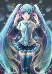 1girl aqua_hair bad_id bad_pixiv_id blue_eyes female_focus gradient_hair hatsune_miku headset long_hair multicolored_hair necktie solo thighhighs touming_tomei twintails very_long_hair vocaloid