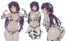 Rule 34 | 1girl, :d, animal ears, animal print, arm behind back, arms up, ass, bare shoulders, bell, bikini, black choker, blush, breasts, choker, cleavage, collarbone, cow ears, cow print, cow print bikini, elbow gloves, from behind, gloves, gluteal fold, green eyes, hair ornament, hair scrunchie, halterneck, highres, kurokawa makoto, large breasts, long hair, looking at viewer, looking back, love live!, love live! school idol project, multiple straps, multiple views, navel, neck bell, open mouth, pink scrunchie, print bikini, purple hair, scrunchie, simple background, sitting, skindentation, smile, swimsuit, thighhighs, tojo nozomi, twintails, underboob, wariza, white background, white bikini, white thighhighs
