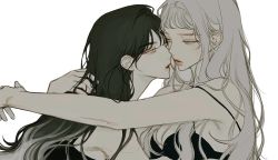 Rule 34 | 2girls, bare arms, black bra, black hair, bra, breasts, eriol s2, eye contact, from side, hand in another&#039;s hair, huge breasts, imminent kiss, lips, long hair, looking at another, looking at viewer, multiple girls, original, simple background, underwear, white background, white hair, yuri