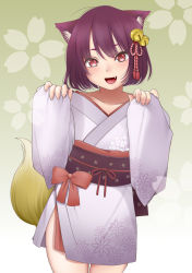 Rule 34 | 1girl, :d, ahoge, animal ears, bell, blush, bow, cat ears, cowboy shot, fang, fox tail, green background, grey kimono, hair bell, hair ornament, hands up, head tilt, japanese clothes, jingle bell, kimono, kozue akari, long sleeves, looking at viewer, medium hair, obi, open mouth, original, purple hair, red bow, red eyes, sash, sleeves past wrists, slit pupils, smile, solo, standing, tail