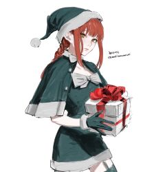 Rule 34 | 1girl, braid, braided ponytail, capelet, chainsaw man, dress, garter straps, gift, gloves, green capelet, green dress, green gloves, green santa costume, hat, highres, holding, holding gift, kamo (kamonegioisi), looking at viewer, makima (chainsaw man), medium hair, red hair, ringed eyes, santa costume, santa dress, santa hat, sidelocks, solo, thighhighs, twitter username, yellow eyes