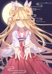 Rule 34 | 1girl, blonde hair, braid, brown eyes, chinese clothes, collarbone, commentary request, date a live, double bun, dress, egasumi, eyes visible through hair, fingernails, full moon, hair bun, hair over one eye, hair ribbon, hanfu, highres, hoshimiya mukuro, long hair, long sleeves, looking at viewer, mo (pixiv9929995), moon, outstretched arms, pleated dress, red dress, ribbon, solo, very long hair, white ribbon, wide sleeves