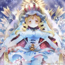 Rule 34 | 1girl, alternate costume, blonde hair, blue background, blush, bow, bowtie, breasts, circle skirt, closed mouth, cowboy shot, drill hair, flower-shaped pupils, frilled sleeves, frills, heart, heart in eye, high collar, highres, holy mami, impossible clothes, large breasts, light smile, long sleeves, looking at viewer, magia record: mahou shoujo madoka magica gaiden, mahou shoujo madoka magica, outstretched arms, parted bangs, pleated skirt, sakura romu, skirt, snowflakes, solo, symbol-shaped pupils, symbol in eye, tearing up, thighhighs, tomoe mami, twin drills, yellow bow, yellow bowtie, zettai ryouiki