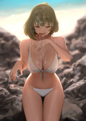 Rule 34 | 1girl, aftersex, beach, bikini, blurry, blurry background, bracelet, breasts, closed eyes, cum, cum on body, cum on breasts, cum on hands, cum on upper body, earrings, facial, highres, idolmaster, idolmaster cinderella girls, jewelry, large breasts, licking, light brown hair, mole, mole under eye, navel, necklace, outdoors, rock, senju (snz0), short hair, sitting, solo, stomach, stray pubic hair, swimsuit, takagaki kaede, thighs, tongue, tongue out, white bikini