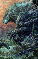 Rule 34 | blue eyes, dinosaur, electricity, energy, extra eyes, forest, giant, giant monster, glowing, godzilla, godzilla: planet of the monsters, godzilla (series), godzilla earth, highres, kaijuu, lightning, matt frank, monster, muscular, nature, official art, polygon pictures, red eyes, servum (flying type), servum (godzilla), smoke, spikes, tail, toho, tree, wings
