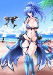 Rule 34 | 1boy, 1girl, absurdres, ankle strap, annes (g (genesis1556)), bare shoulders, beach, bikini, black hair, blue bikini, blue eyes, blue hair, blue sky, breasts, cleavage, closed mouth, clothing cutout, cloud, collarbone, colored eyelashes, commentary request, day, dragon boy, dragon girl, dragon horns, dragon tail, eyepatch, full body, g (genesis1556), gluteal fold, groin, hair between eyes, high ponytail, highres, holding, holding sword, holding weapon, horns, katana, large breasts, long hair, looking at viewer, midriff, monster girl, multi-strapped bikini, multicolored hair, navel, ocean, ootachi, orca, original, outdoors, palm leaf, ponytail, punching, rio (g (genesis1556)), sand, scales, scar, shark, sharp teeth, sheath, sheathed, sidelocks, skindentation, sky, solo focus, sparkle, standing, stitches, strap, swimsuit, sword, tail, teeth, thigh gap, two-tone hair, underboob, underboob cutout, waist cape, weapon, white hair