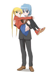 Rule 34 | 1boy, 1girl, a (toitoitoioekk), absurdres, ayasaki hayate, black thighhighs, blonde hair, blue eyes, blue hair, blue skirt, blush, carrying, formal, full body, green eyes, hayate no gotoku!, highres, jacket, looking at another, princess carry, red jacket, sanzen&#039;in nagi, shoes, simple background, skirt, smile, sneakers, suit, thighhighs, twintails, white background
