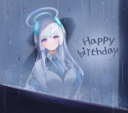 Rule 34 | 1girl, absurdres, blue archive, blue jacket, blue necktie, blunt bangs, blush, breasts, collared shirt, commentary, condensation, dana (hapong07), english commentary, formal, grey hair, grin, halo, happy birthday, headphones, highres, indoors, jacket, jacket partially removed, large breasts, lens flare, long hair, long sleeves, looking at viewer, mechanical halo, necktie, noa (blue archive), purple eyes, rain, shirt, sidelocks, smile, solo, standing, suit, teeth, two-sided fabric, two-sided jacket, upper body, water drop, white jacket, white shirt, white suit, window fog
