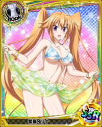 Rule 34 | 1girl, ahoge, bikini, breasts, card (medium), chess piece, cleavage, clothes lift, female focus, front-tie bikini top, front-tie top, high school dxd, jewelry, large breasts, long hair, looking at viewer, navel, necklace, official art, open mouth, orange hair, purple eyes, rook (chess), sarong, sarong lift, shidou irina, smile, solo, swimsuit, twintails, underboob