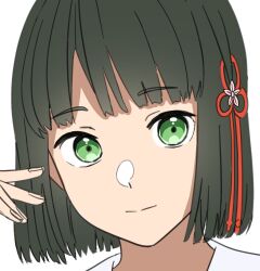 Rule 34 | 1girl, black hair, blunt bangs, blunt ends, close-up, commentary request, flower, flower knot, green eyes, hair flower, hair ornament, hand up, highres, light smile, link! like! love live!, looking at viewer, love live!, momose ginko, s sho mkrn, sailor collar, short hair, simple background, solo, virtual youtuber, white background, white sailor collar