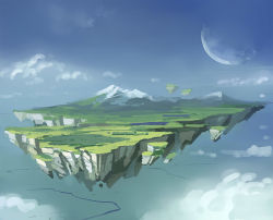 Rule 34 | crescent moon, floating island, landscape, moon, no humans, original, scenery, seo tatsuya