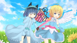 Rule 34 | 1boy, 1girl, ahoge, angel, angel wings, animal ears, asymmetrical wings, blonde hair, blue eyes, blue hair, borrowed character, cassie (acerailgun), cat ears, cat tail, cloud, cloudy sky, cyborg, day, detached sleeves, dress, feathered wings, flat chest, flower, frilled dress, frills, grass, green eyes, hairband, hetero, holding hands, kiki (tsunya), mechanical arms, mechanical wings, one eye closed, original, outdoors, petals, ryoune yami, saru to yami, single mechanical arm, sky, tail, trap, wings