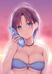 Rule 34 | 1girl, ahoge, asakura toru, backlighting, bare shoulders, bikini, blue bikini, blue eyes, blue nails, blurry, blurry background, blush, bottle, bottle to cheek, breasts, cai geng, cleavage, collarbone, earrings, holding, holding bottle, idolmaster, idolmaster shiny colors, jewelry, looking at viewer, medium breasts, nail polish, necklace, o-ring, o-ring bikini, outdoors, parted bangs, parted lips, pink sky, purple hair, short hair, sky, smile, solo, strapless, strapless bikini, sweat, swimsuit, underboob, upper body