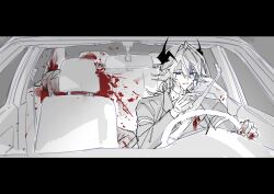 Rule 34 | 1boy, 1other, absurdres, arknights, blood, blood on clothes, blood on face, blood on hands, blood splatter, braid, car, car interior, commentary, corpse, demon boy, demon horns, driving, formal, gloves, grey suit, highres, horns, implied murder, kaninn, limited palette, long hair, male focus, motor vehicle, purple eyes, puzzle (arknights), rear-view mirror, seatbelt, solo focus, steering wheel, suit, upper body, white gloves, white hair, wiping face