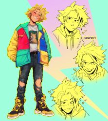 Rule 34 | 1boy, alternate costume, aqua background, artist name, badge, bisexual flag, bisexual male, blonde hair, blush, boku no hero academia, button badge, closed eyes, closed mouth, commentary, denim, english commentary, full body, habkart, heart, highres, hood, hood down, jacket, jeans, kaminari denki, long sleeves, looking at viewer, male focus, multicolored clothes, multicolored jacket, multiple views, open clothes, open jacket, open mouth, pants, print shirt, shirt, shoes, short hair, simple background, smile, sneakers, standing, torn clothes, torn jeans, torn pants